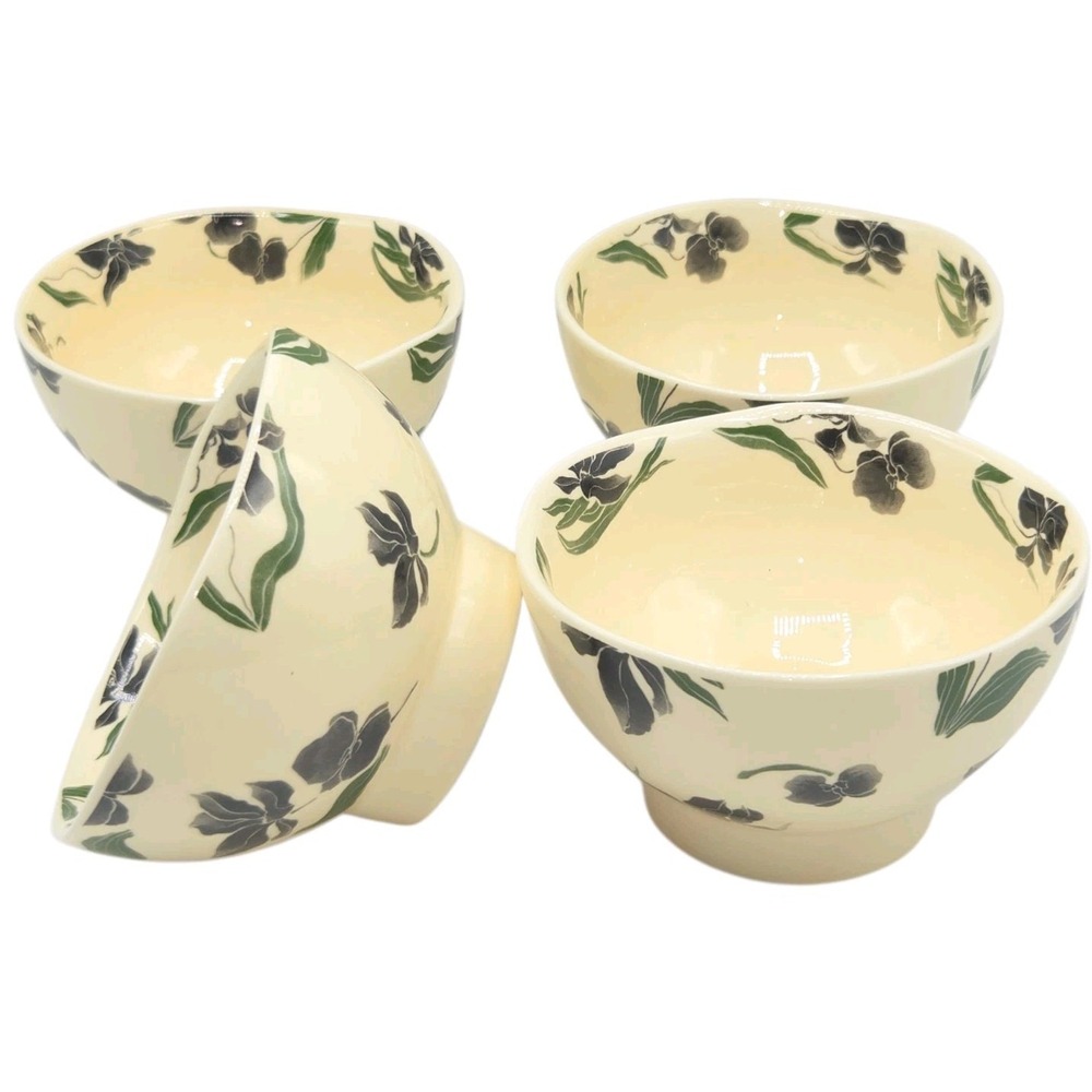 Potter's‎ Studio 4pc Ceramic Footed Bowl Set Cream With Black Iris Flowers 5"x3"